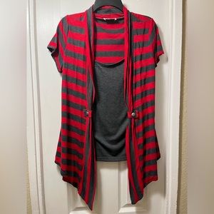 Red and gray striped asymmetrical drape with attached gray tank